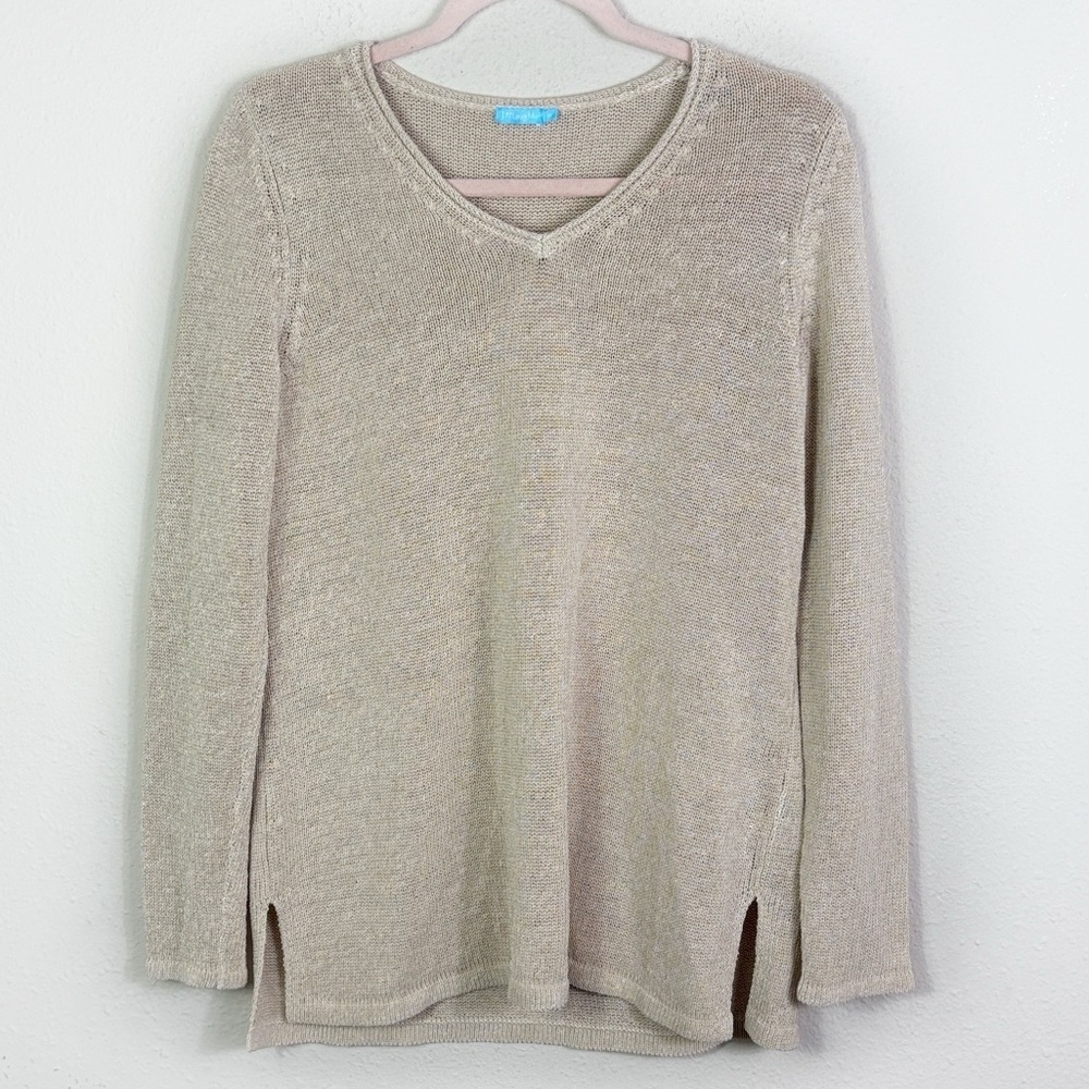 J. McLaughlin Callum Tan Beige V-Neck Long Sleeves Pullover Sweater size Medium